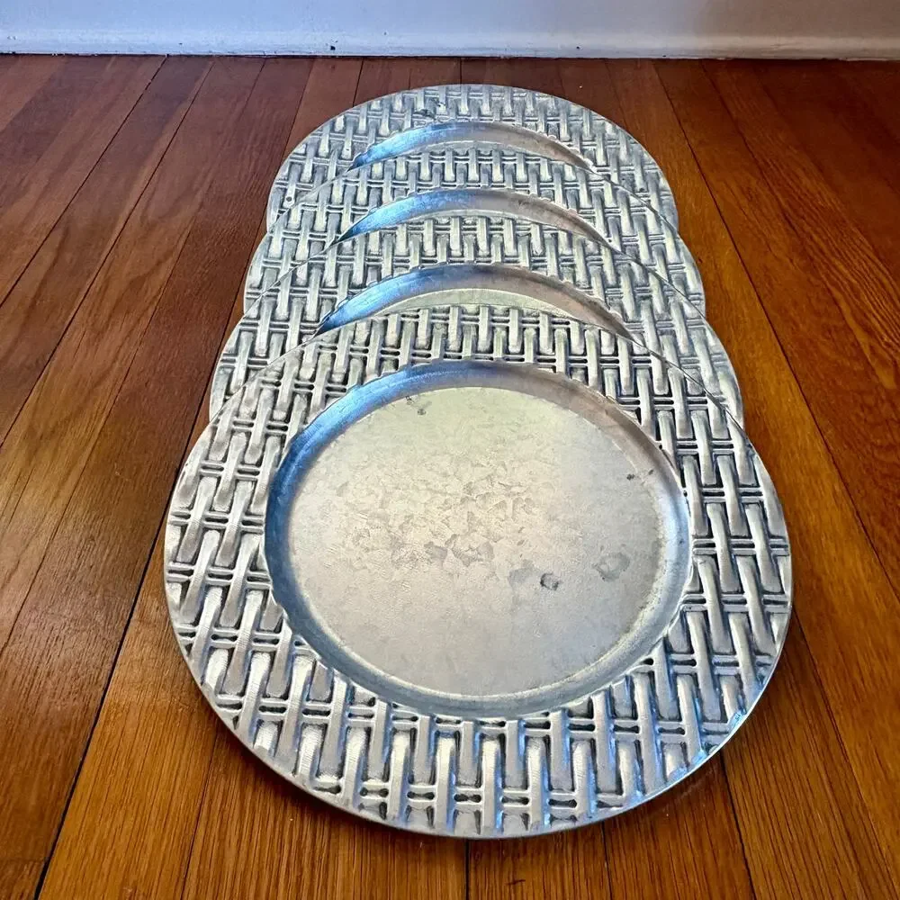Vintage Galvanized Metal Charger Plates Set of 4, 13 Inch Industrial Table Decor